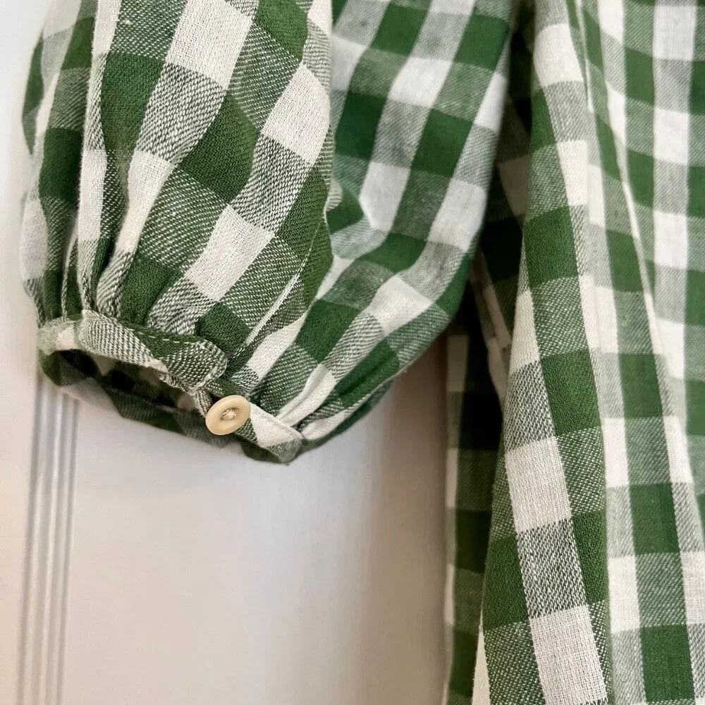 Madewell Green and White Gingham Puff-Sleeve Button-Front Top